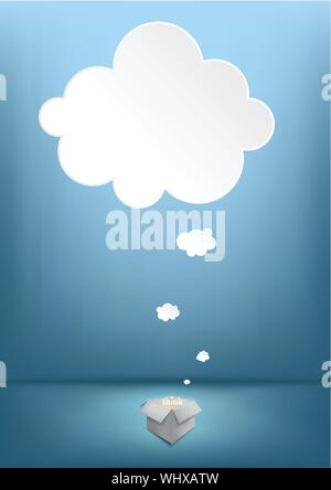 Infografico bianco design pensato bolla al di fuori della scatola su sfondi blu. Illustrazione Vettoriale