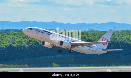 Sapporo, Giappone - Lug 3, 2019. JA309J Japan Airlines Boeing 737-800 il decollo dall'Aeroporto New Chitose (CTS) a Sapporo, Giappone. Foto Stock