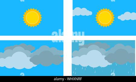 Meteo cartoon design piatto vector.stagione di scena nel cielo.Sunny ,nuvoloso, tempo ventoso e piovoso. Illustrazione Vettoriale
