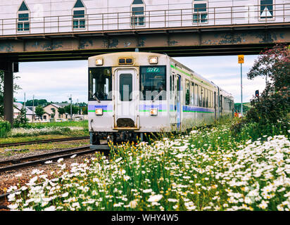 Biei, Giappone - Luglio 1, 2019. Un treno locale proveniente per la splendida area rurale stazione ferroviaria di Biei Town, Hokakido, Giappone. Foto Stock