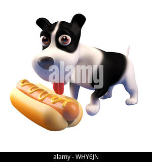 3d affamato cucciolo di cane guarda a un gigantesco hot dog food snack, 3D render illustrazione Foto Stock