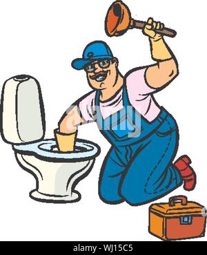 Plumber pulisce il wc. La Pop art retrò illustrazione vettoriale disegno Illustrazione Vettoriale