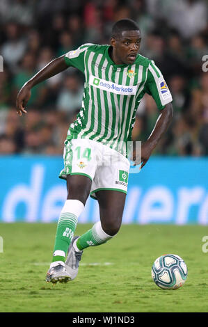 SEVILLA, 31-08-2019. Primera Division campionato spagnolo. LaLiga. Estadio Benito Villamarin. William Carvalho (Real Betis) durante il gioco Real Betis - CD Leganés. Foto Stock