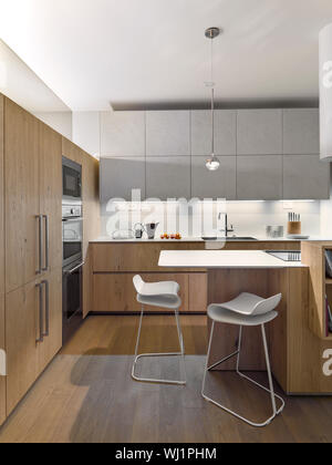 Scatti di interni di una moderna cucina in legno il pavimento è in legno Foto Stock