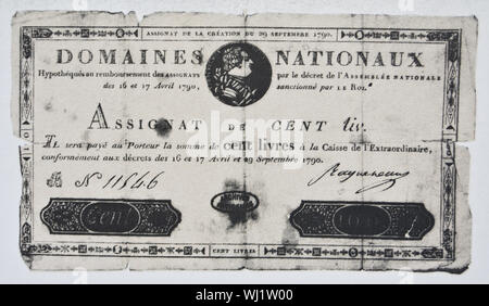 Prenota illustrazione che rappresenta un assignat di 100 livres ( ex moneta francese) con il profilo del re di Francia Luigi XVI. Foto Stock