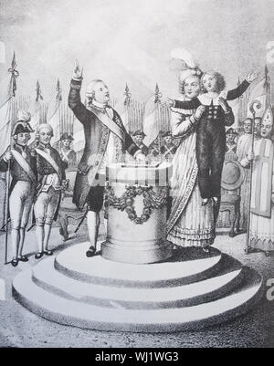 Prenota illustrazione che rappresenta il re di Francia Luigi XVI promettendo di mantenere la costituzione ( 14 luglio 1790). Foto Stock