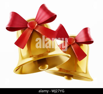 Campanelli d'oro con nastro rosso isolato su sfondo bianco. 3D'illustrazione. Foto Stock