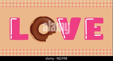 Pink love tipografia con ciambella cocholate illustrazione vettoriale EPS10 Illustrazione Vettoriale