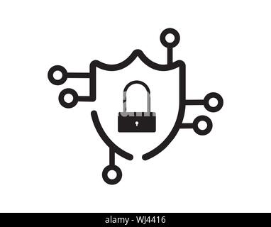 Icona della linea Cyber Security Shield con illustrazione del vettore di blocco Illustrazione Vettoriale
