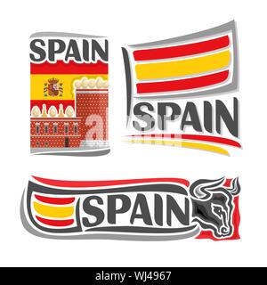 Illustrazione Vettoriale del logo per la Spagna, 3 illustrazioni isolate: bandiera sullo sfondo del Salvador DalÃ- Museum, simbolo della Spagna e architettura Illustrazione Vettoriale