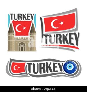 Il logo del vettore per la Turchia, costituito da 3 illustrazioni isolate: Palazzo Topkapi a Istanbul il background di stato nazionale bandiera, simbolo della Turchia e Illustrazione Vettoriale