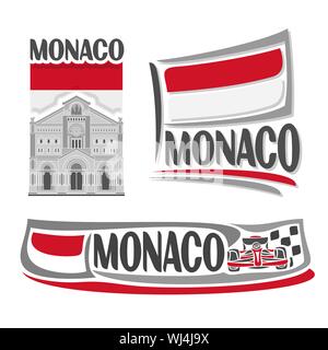 Il logo del vettore per il Principato di Monaco, la Cattedrale di San Nicola in Monte Carlo su sfondo di stato nazionale bandiera, simbolo di architettura di Monaco e il monegasco fla Illustrazione Vettoriale