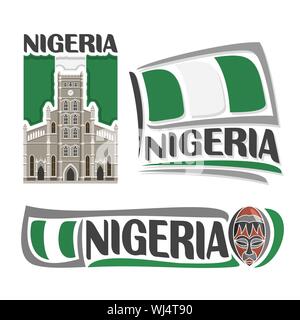 Il logo del vettore per la Nigeria, 3 isolato immagini: chiesa cattedrale Cristo a Lagos su sfondo di stato nazionale Bandiera e souvenir maschera di legno. Illustrazione Vettoriale