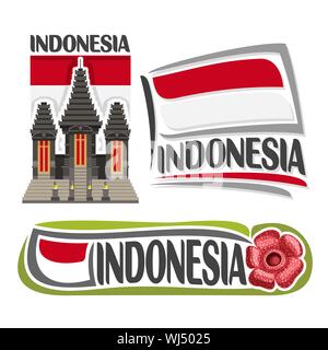 Il logo del vettore per l'Indonesia, 3 isolato immagini: banner verticali con Pura Luhur ri su sfondo di nazionale indonesiano flag di stato e simbolo di indo Illustrazione Vettoriale