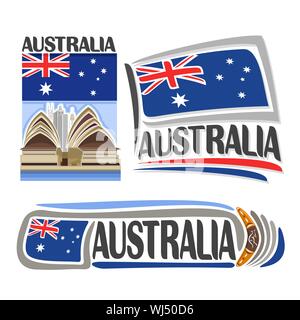 Il logo del vettore per l'Australia, 3 isolato immagini: banner verticale con il cartoon Sydney Opera House sulla nazionale australiano flag di stato e simbolo di aborigeni Illustrazione Vettoriale
