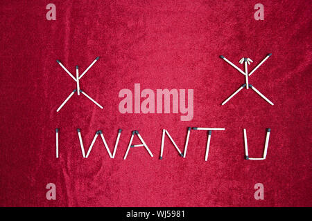 Parole 'i want U' fatte di fiammiferi Foto Stock