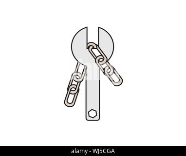 Icona della catena rotta e della chiave che rappresenta riparazione e manutenzione, simbolo vettoriale Illustrazione Vettoriale