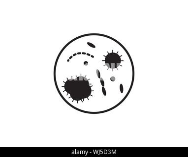 Icona di batteri e microrganismi in piastra Petri, simbolo di microbiologia e vettore nero germinale isolato su bianco Illustrazione Vettoriale