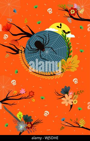 Halloween spider design su sfondo arancione e fiore pattern. vettore poster tema Halloween. Illustrazione Vettoriale