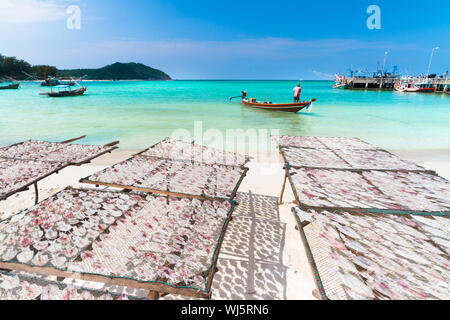 Calamari tradizionale di essiccazione al sole e thai fisherman barca dalla coda lunga in un idilliaco villaggio di pescatori; Thailandia, in Asia. Foto Stock