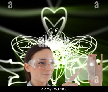 Immagine composita di dottore in occhiali protettivi azienda virtuale su schermo nero e verde sfondo futuristico Foto Stock