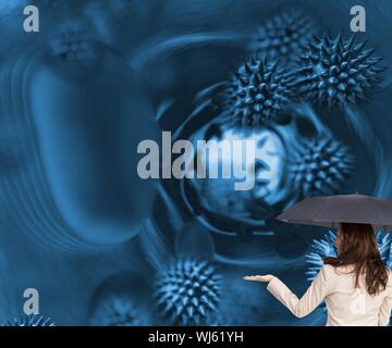 Immagine composita di eleganti imprenditrice azienda ombrello blu su sfondo astratto Foto Stock