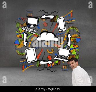 Immagine composita della vista posteriore del giovane imprenditore indossando le manette di fronte economico le illustrazioni in camera grigia Foto Stock