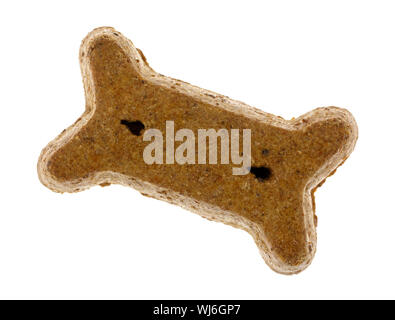 Vista dall'alto di un sapore di arachidi biscotto cane isolato su uno sfondo bianco. Foto Stock