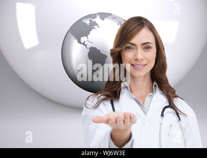 Immagine composita del ritratto femminile di infermiere tenendo fuori aprire palm Foto Stock