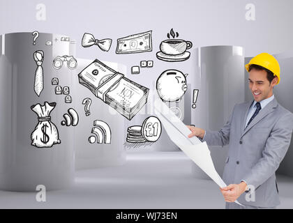 Immagine composita di sorridere architetto con elmetto guardando i piani Foto Stock