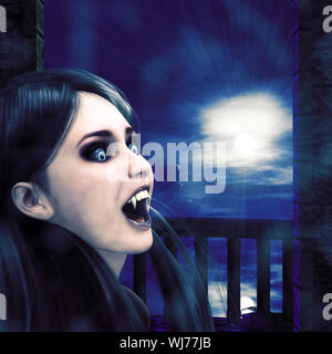 Illustrazione di un 3d vampire ragazza sul balcone di notte tempo. Foto Stock