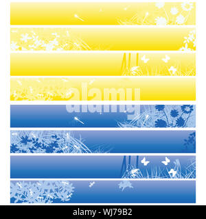 Tema natura banner, collettori in giallo e blu su bianco Foto Stock