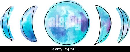 Fasi della luna, vettoriale e disegno ad acquerello in teal blue Illustrazione Vettoriale