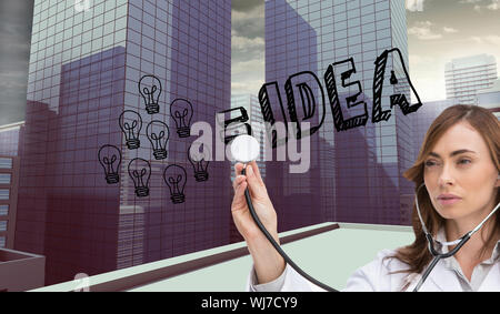 Immagine composita di pensosa brunette medico utilizzando uno stetoscopio Foto Stock