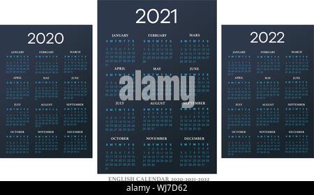 Calendario inglese 2010-2021-2022 template vettoriale il testo è font outline Avant-Garde e Athelas Illustrazione Vettoriale