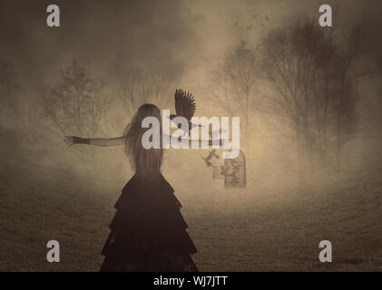 Dark foggy scena con un rendering 3d donna strega con un corvi, illustrazione digitale. Foto Stock