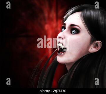 Illustrazione di 3d vampire girl su sfondo rosso. Foto Stock