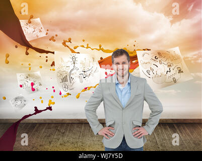 Immagine composita di eleganti uomo sorridente con le mani sui fianchi su sfondo bianco Foto Stock