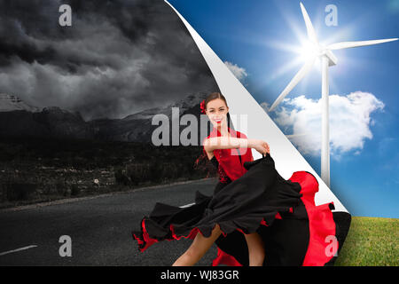 Immagine composita di ballo donna in rosso e abito nero su sfondo bianco Foto Stock