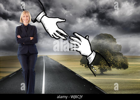 Immagine composita di attraenti friendly imprenditrice sorridente con la videocamera in una riunione Foto Stock