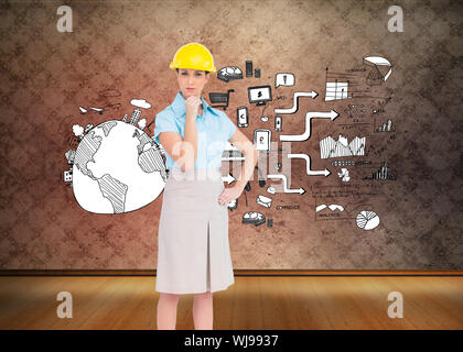 Immagine composita di pensosa attraente architetto in posa Foto Stock