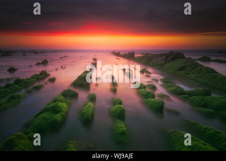 Seascape con mare verde muschio sulle rocce in Barrika Foto Stock