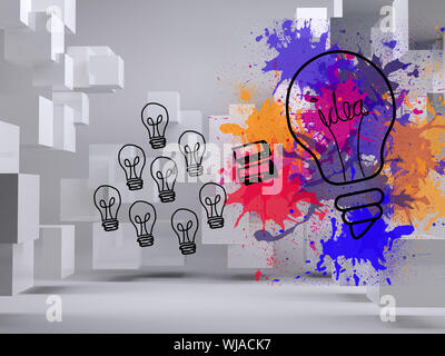 Lampadine della luce su schizzi sullo sfondo con cubi Foto Stock