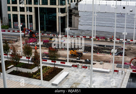 Midland Metro Tram estensione, Broad Street, Birmingham, Regno Unito Foto Stock