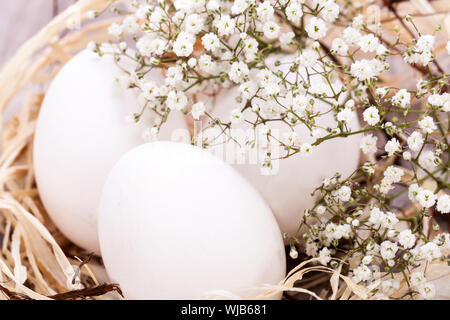 Tre semplici non decorato bianco Uova di Pasqua immerso in un nido di paglia con un delicato dolce spray di Bambinos soffio fiori per celebrare la primavera e th Foto Stock