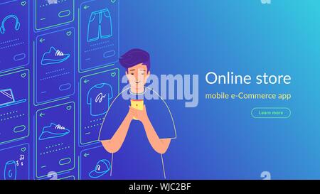 Giovane uomo utilizza lo smartphone per ecommerce, shopping e godere di servizi on-line, applicazioni mobili e reti. Linea di sfumatura illustrazione vettoriale di utente e Illustrazione Vettoriale