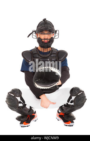 Giocatore di baseball , catcher che mostrano la direzione segnale segreto Foto Stock