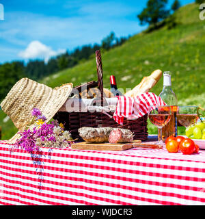 Assaggiato picnic sul prato vicino a un lago Foto Stock