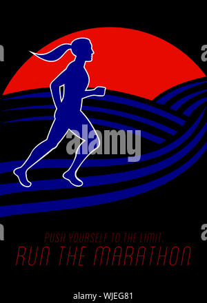 Poster greeting card illustrazione che mostra una femmina maratoneta in esecuzione vista laterale con le montagne sullo sfondo con parole Spingiti al limi Foto Stock