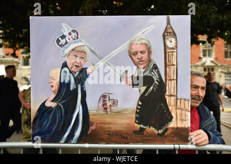 Il Parlamento, Westminster, London, Regno Unito. Il 3 settembre, 2019. Artista Kaya Mar e il suo nuovo dipinto. Pro e anti Brexit dimostrazioni di Westminster. Credito: Matteo Chattle/Alamy Live News Foto Stock